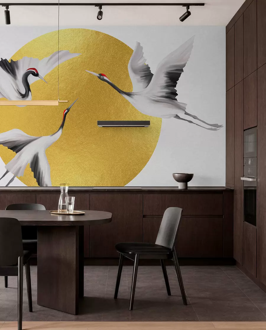 wall murals Cranes in flight before the solar circle u79625