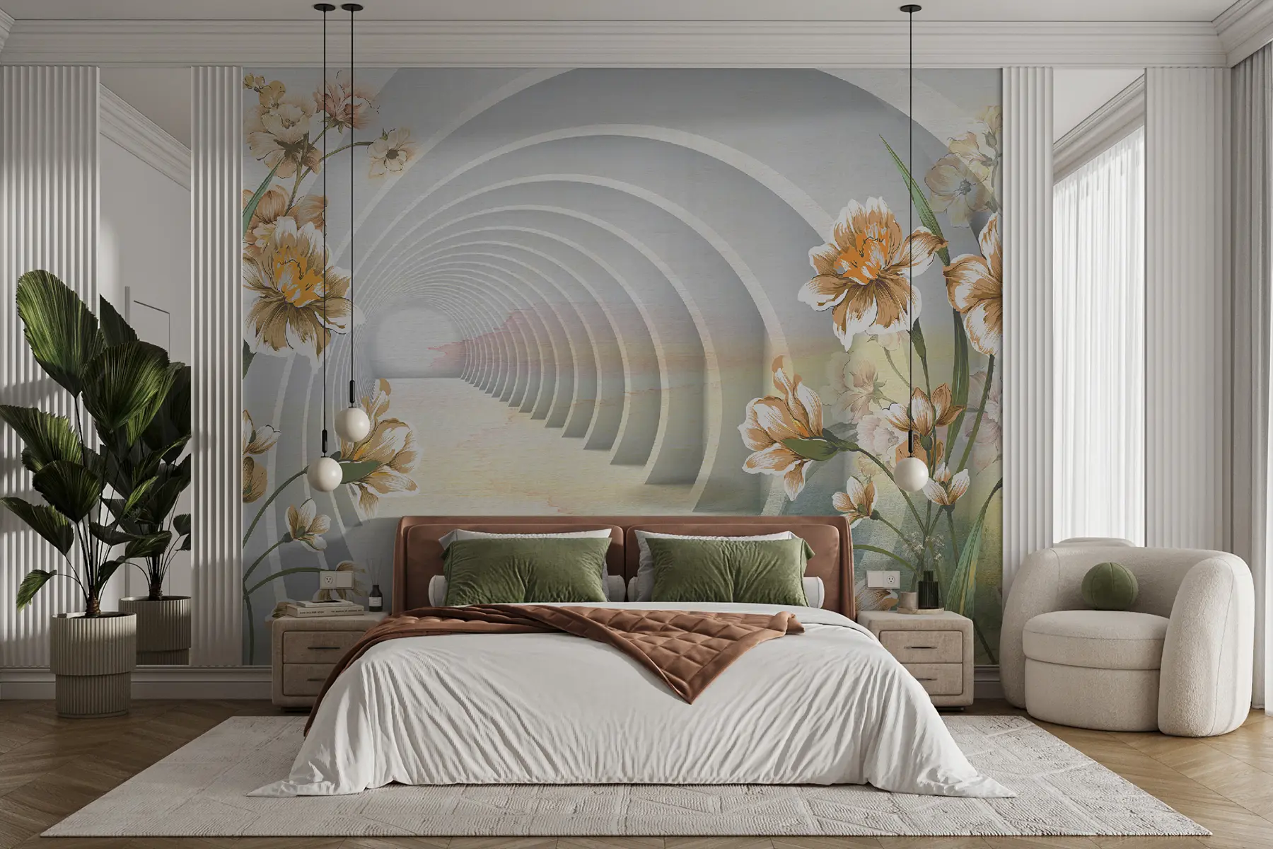 wall murals 3D tunnel and flowers u04401
