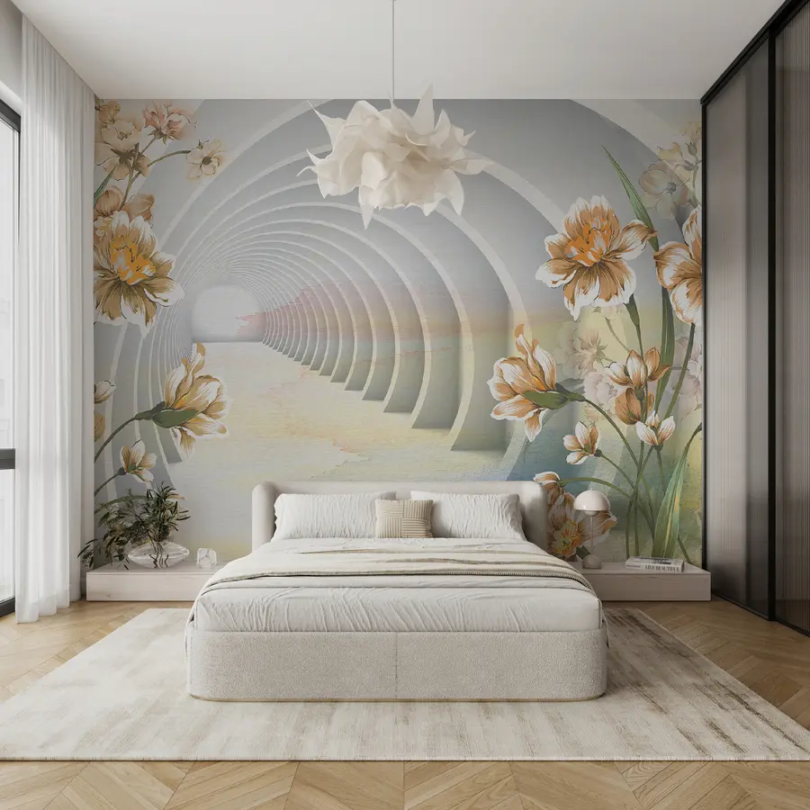 wall murals 3D tunnel and flowers u04401