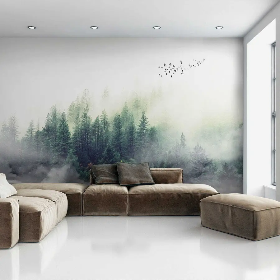 wall murals Forest and birds in fog u10882