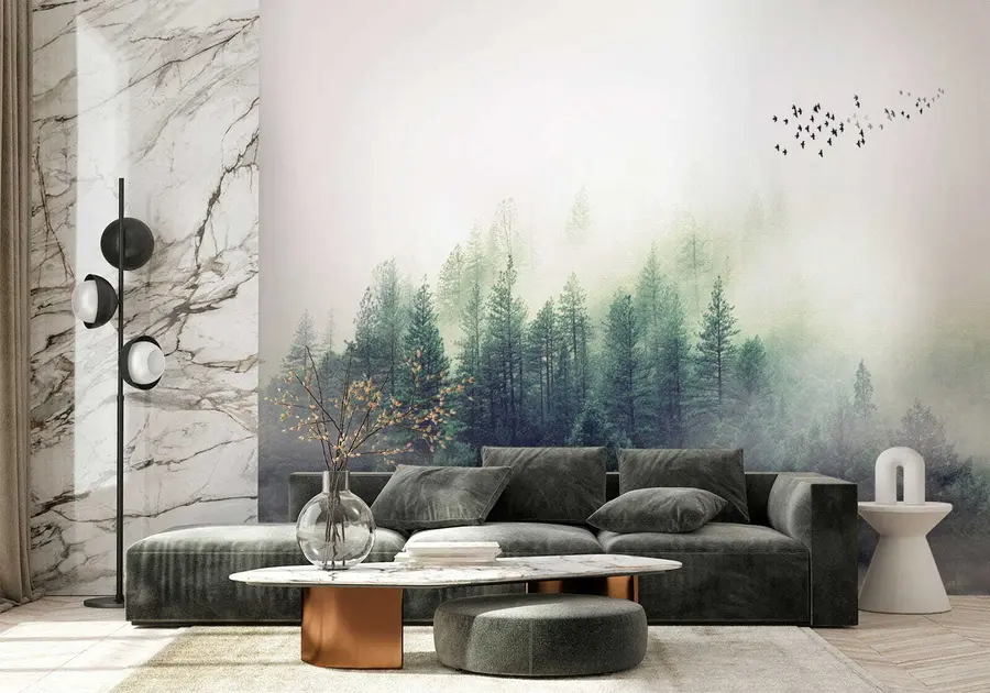 wall murals Forest and birds in fog u10882