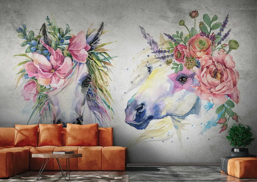 wall murals Horses with flowers u14264