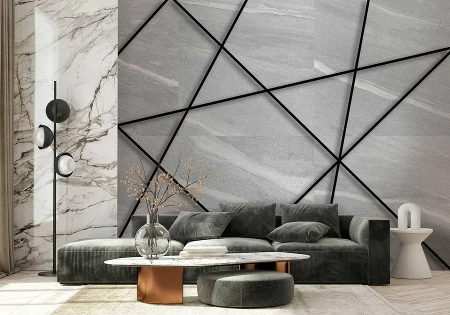 wall murals Grey marble and black lines u16341