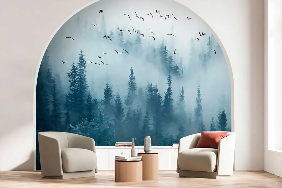 wall murals Forest in fog and birds u22288