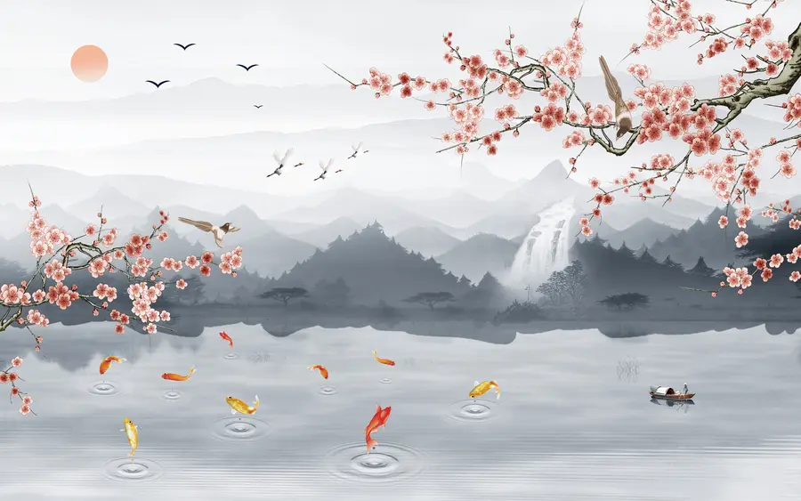 wall murals Sakura on the background of the lake and mountains u28840