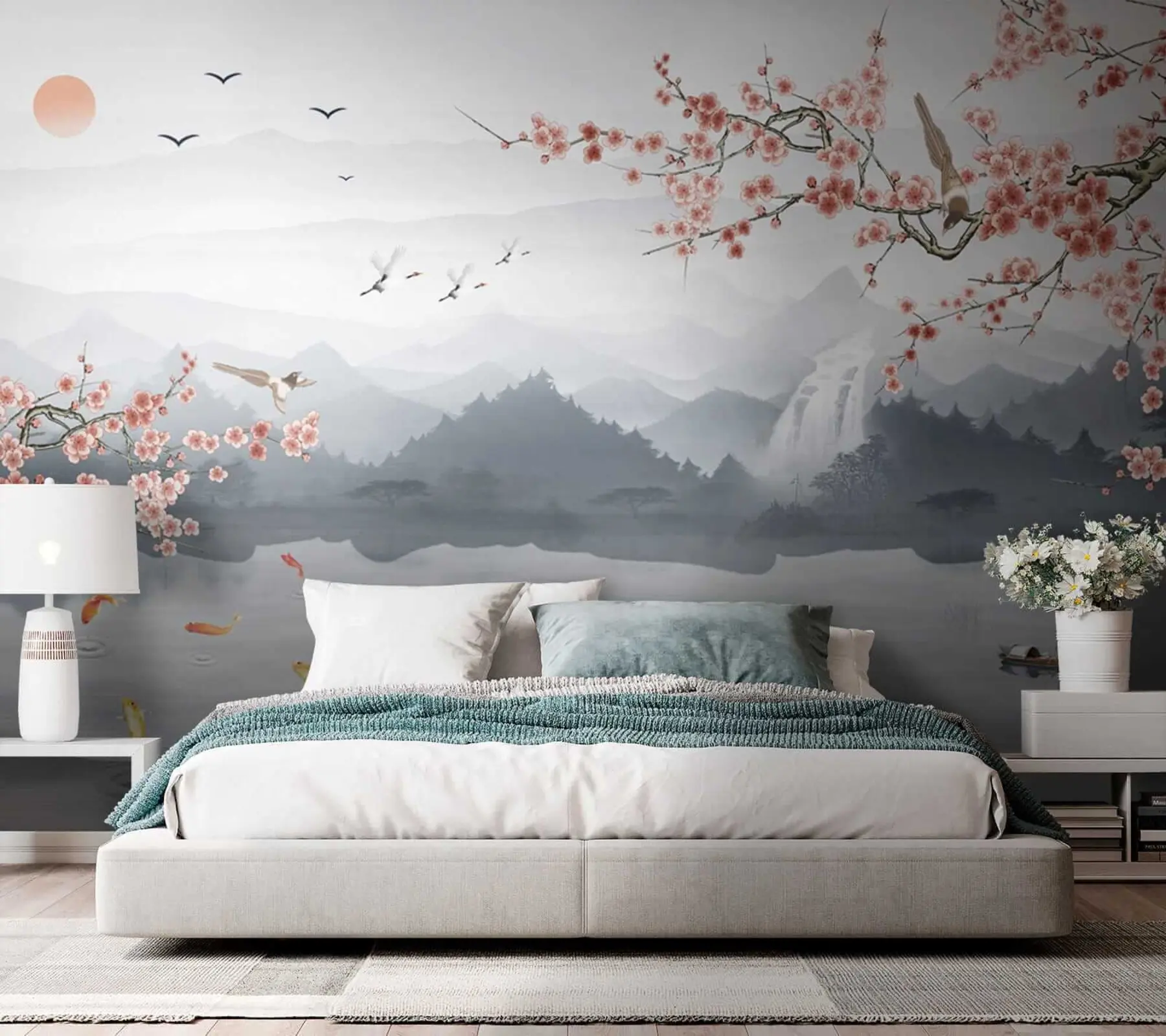 wall murals Sakura on the background of the lake and mountains u28840