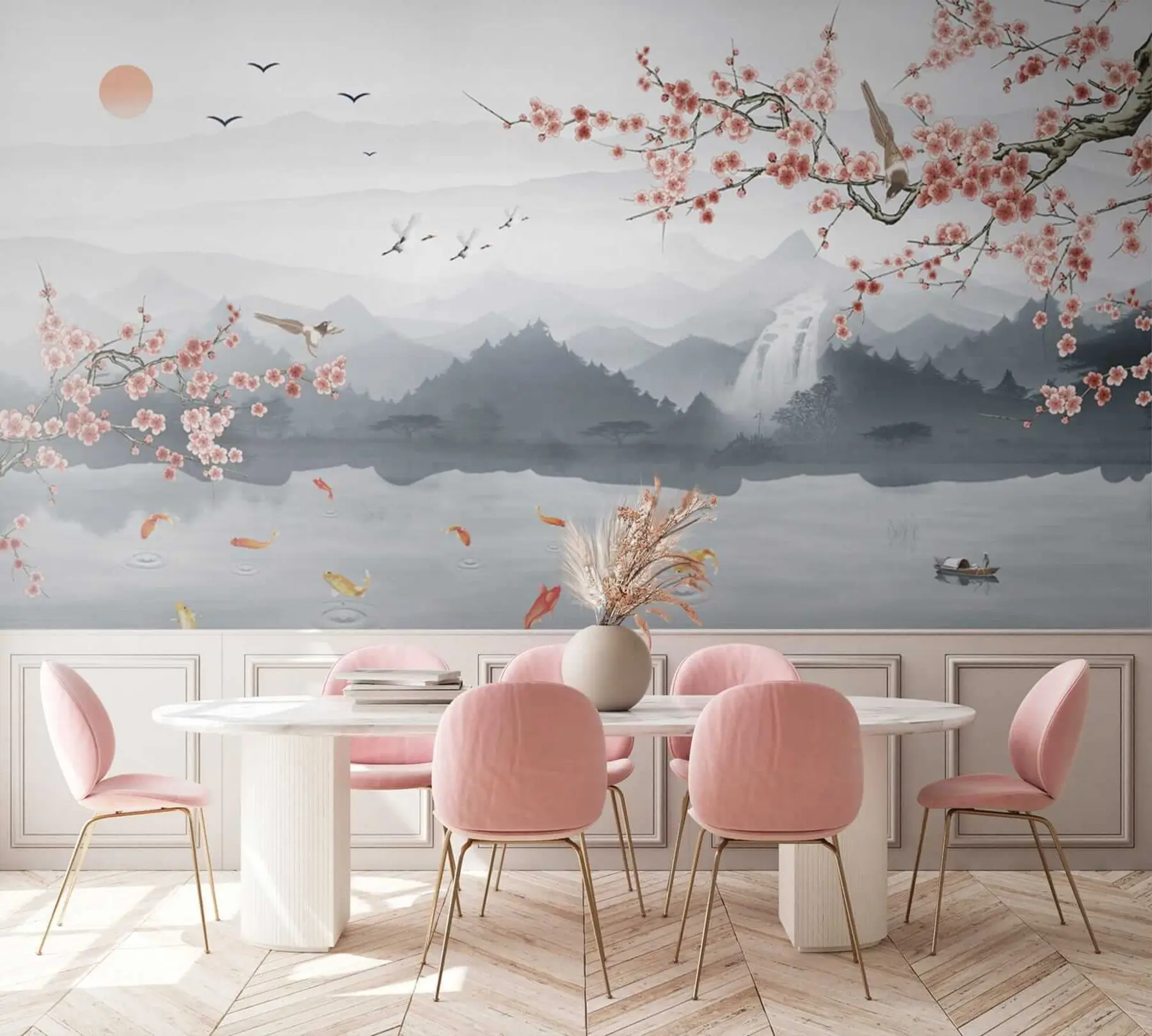 wall murals Sakura on the background of the lake and mountains u28840