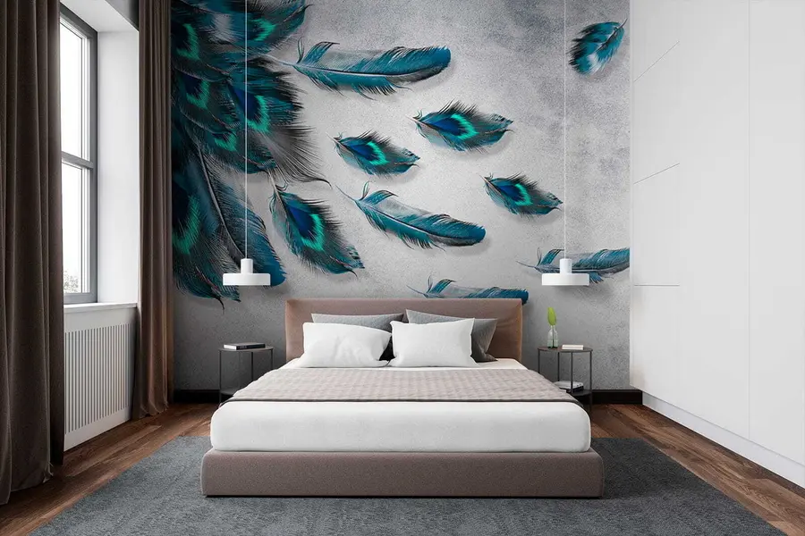 wall murals Peacock feathers on the background of the concrete wall u29836