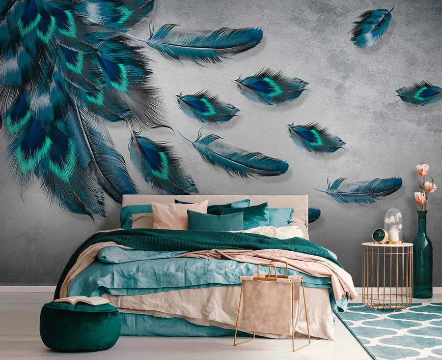 wall murals Peacock feathers on the background of the concrete wall u29836