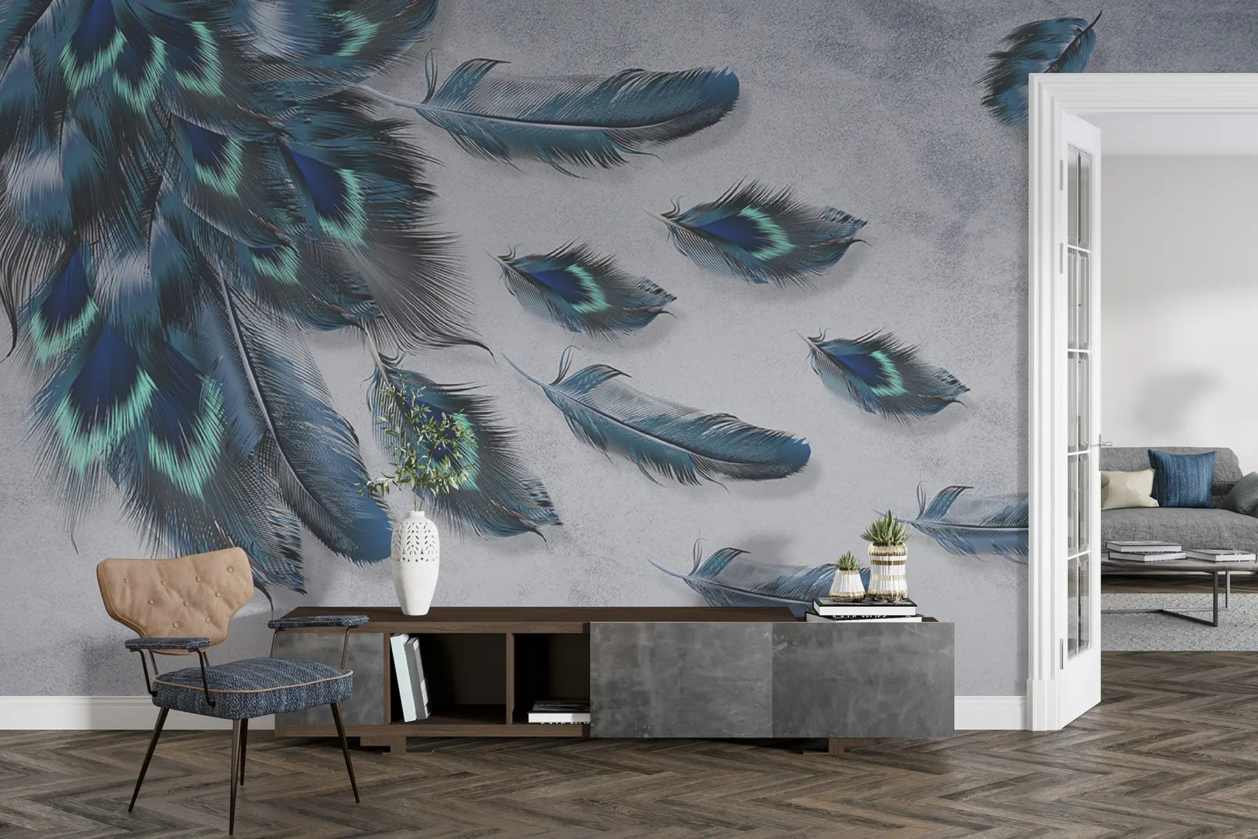 wall murals Peacock feathers on the background of the concrete wall u29836
