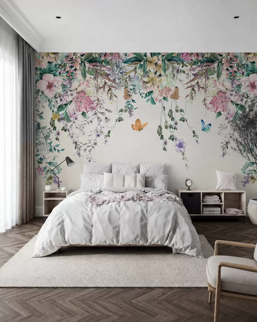 wall murals Exotic flowers and butterflies u30601