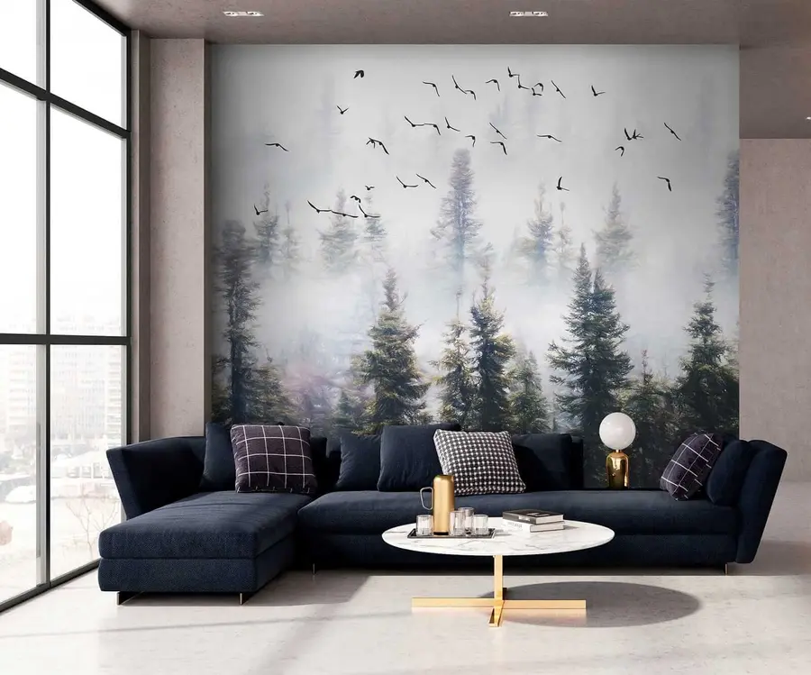 wall murals Fog forest and birds u32237