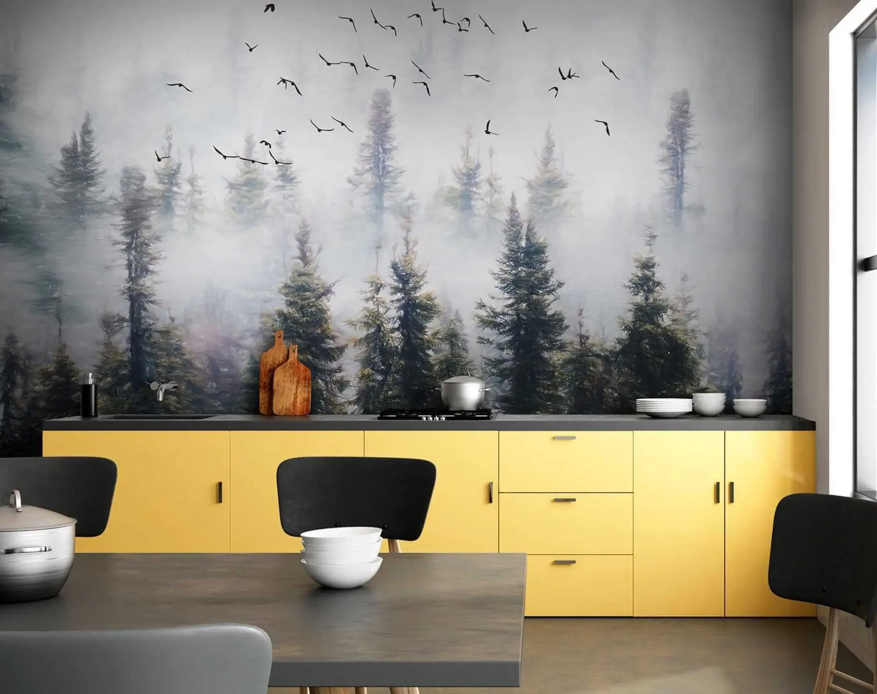 wall murals Fog forest and birds u32237