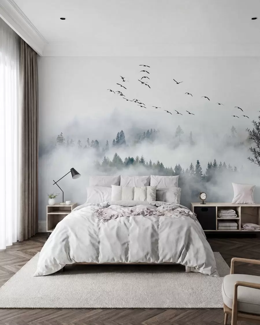 wall murals Fog forest and birds u32480