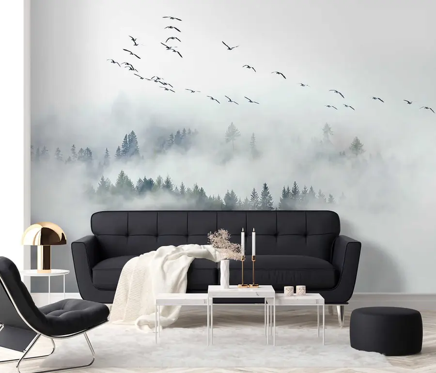 wall murals Fog forest and birds u32480