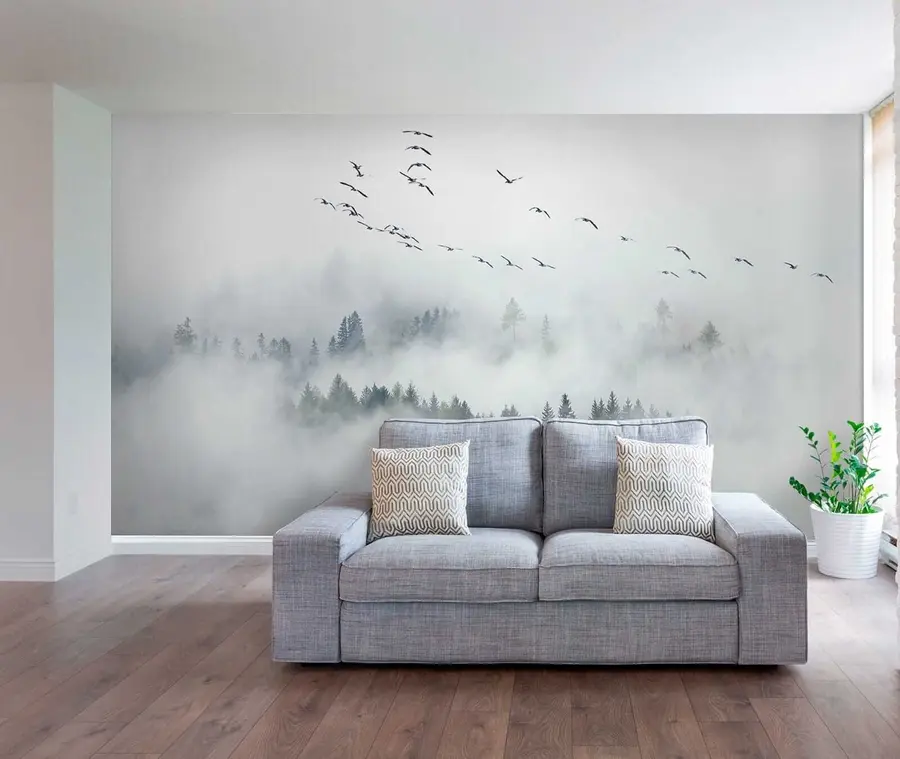 wall murals Fog forest and birds u32480