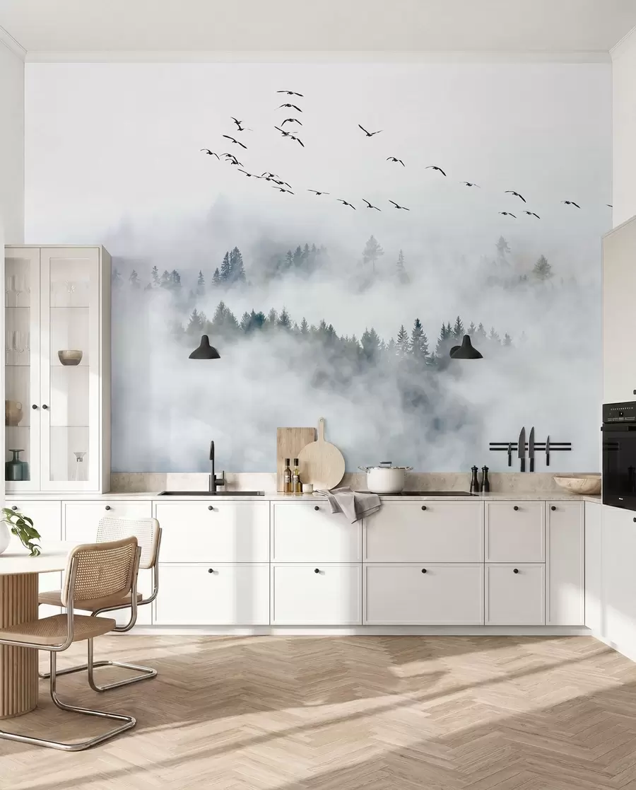 wall murals Fog forest and birds u32480