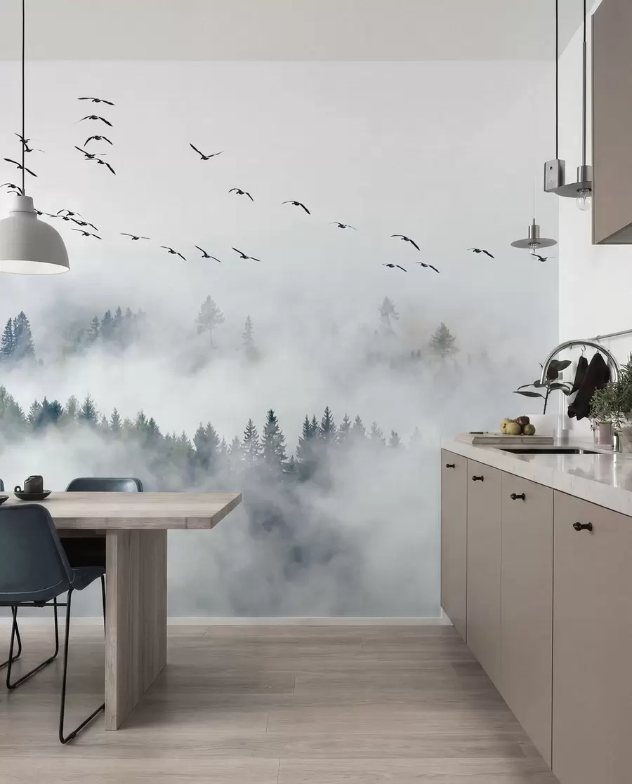 wall murals Fog forest and birds u32480
