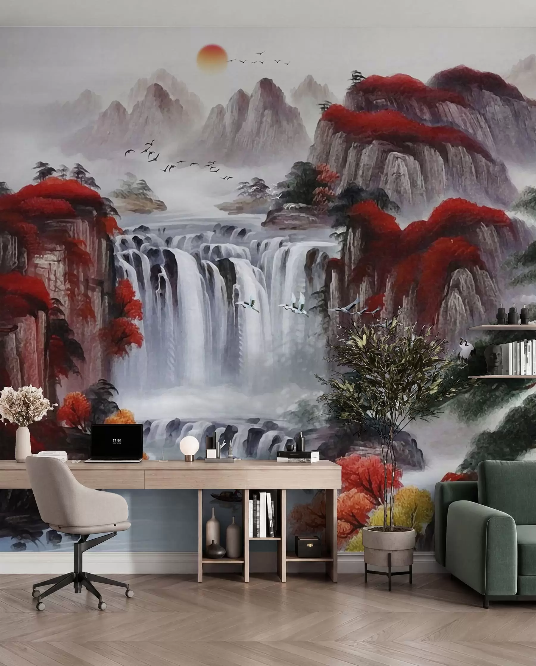wall murals Japanese style waterfall u36222