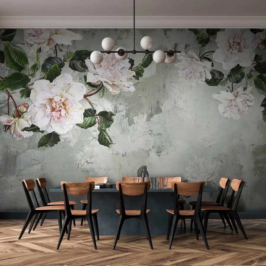 wall murals Blooming branches on the background of a shabby wall u37301
