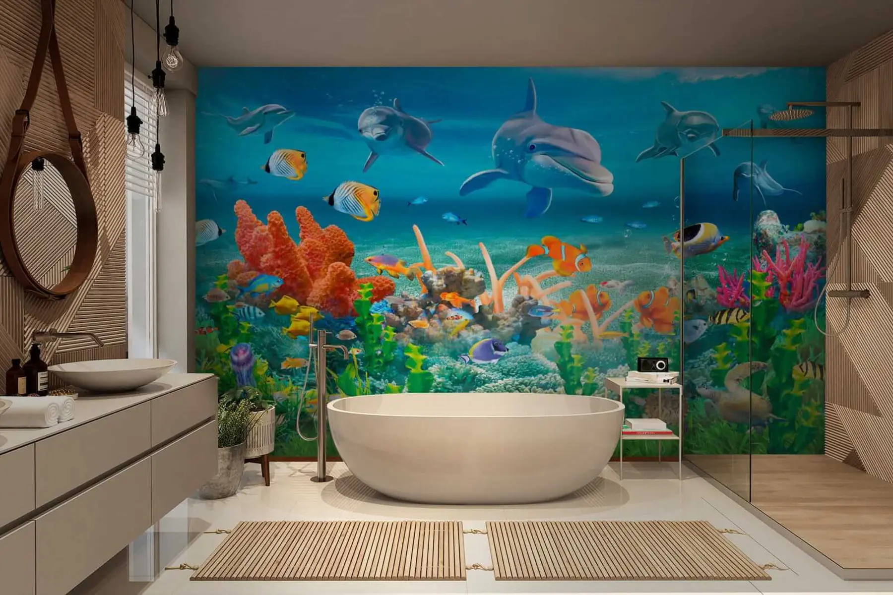 wall murals Dolphins and fish u40487