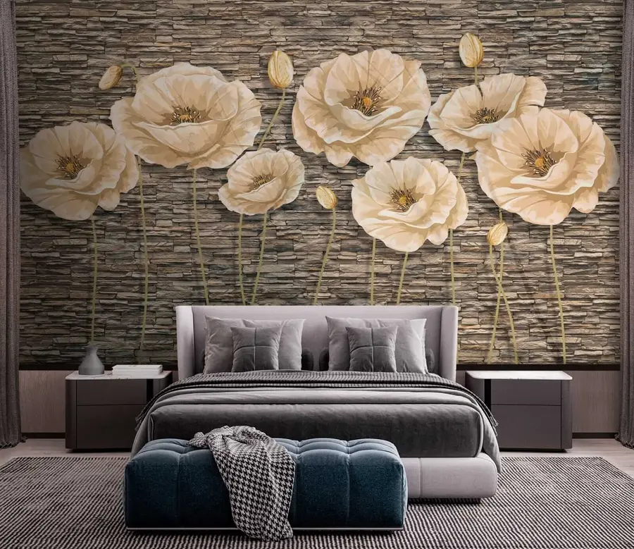wall murals Flowers on the background of a stone wall u41855