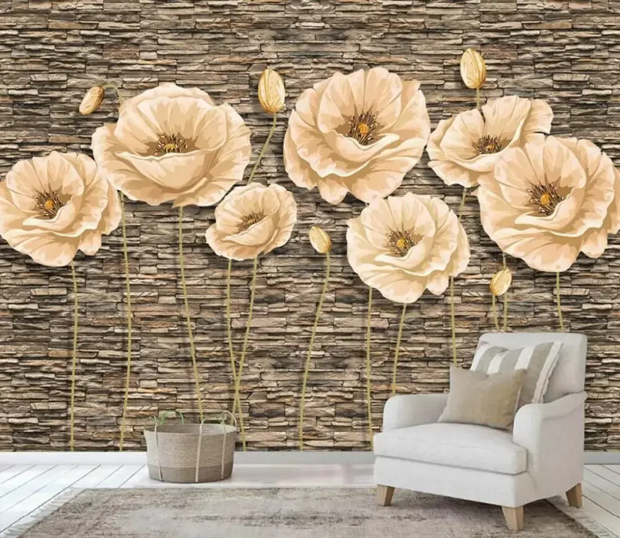 wall murals Flowers on the background of a stone wall u41855