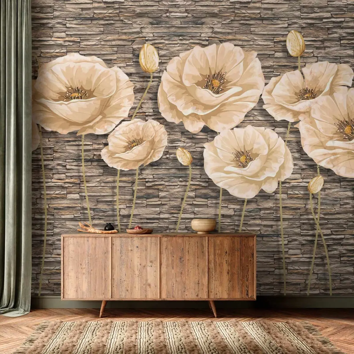 wall murals Flowers on the background of a stone wall u41855