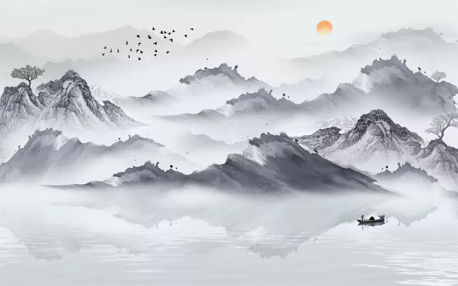 wall murals Mountains in Japanese style. Ink drawing u44010