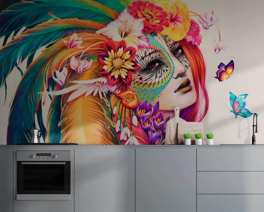 wall murals Girl with feathers and flowers u46277