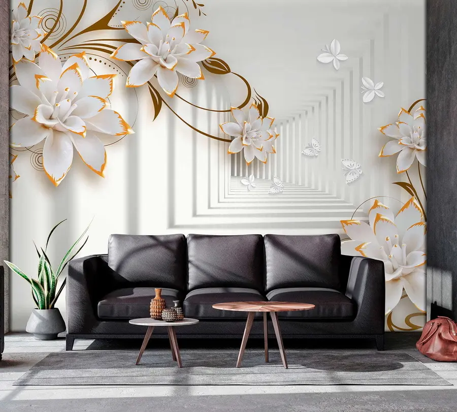 wall murals Flowers and butterflies in a light tunnel u47046