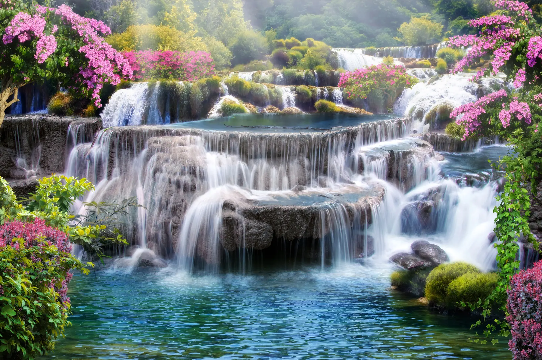 wall murals Waterfall and flowering trees u60065