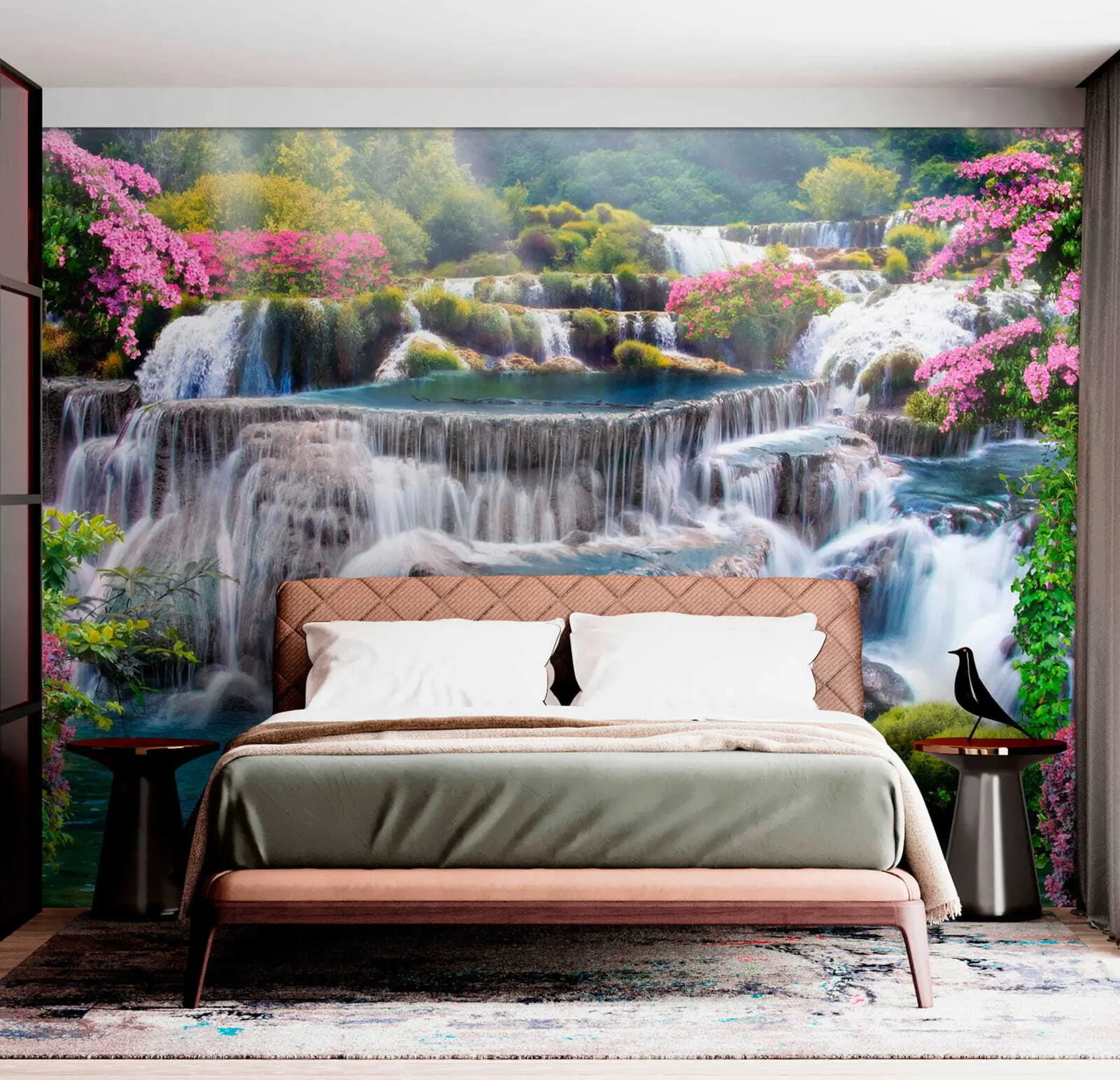 wall murals Waterfall and flowering trees u60065