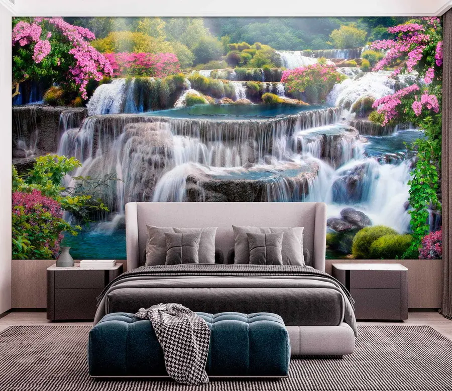wall murals Waterfall and flowering trees u60065