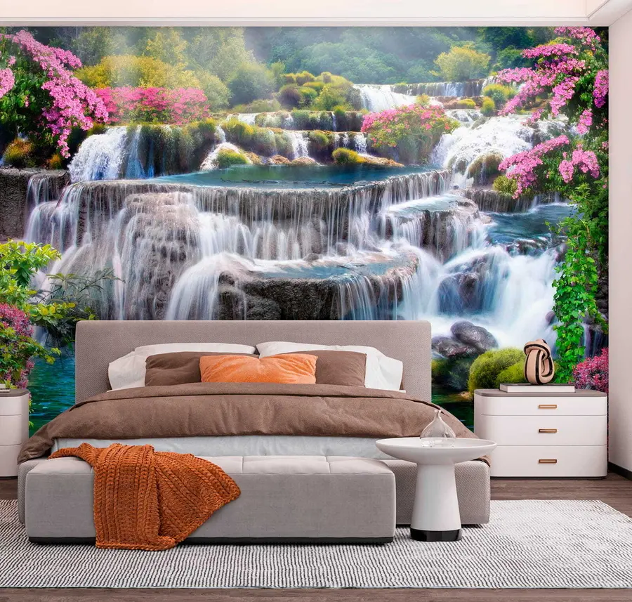 wall murals Waterfall and flowering trees u60065