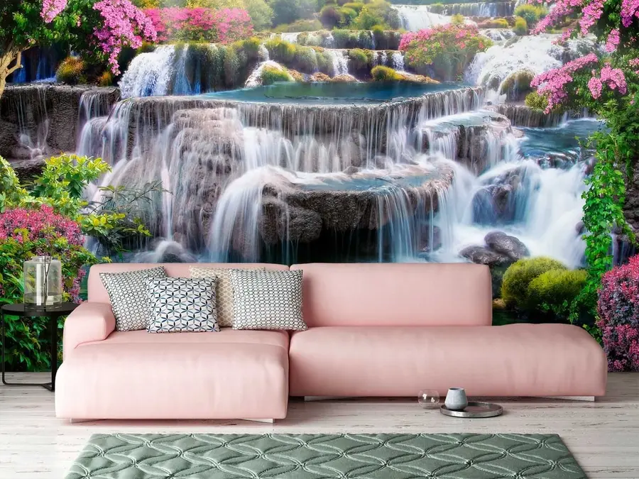 wall murals Waterfall and flowering trees u60065