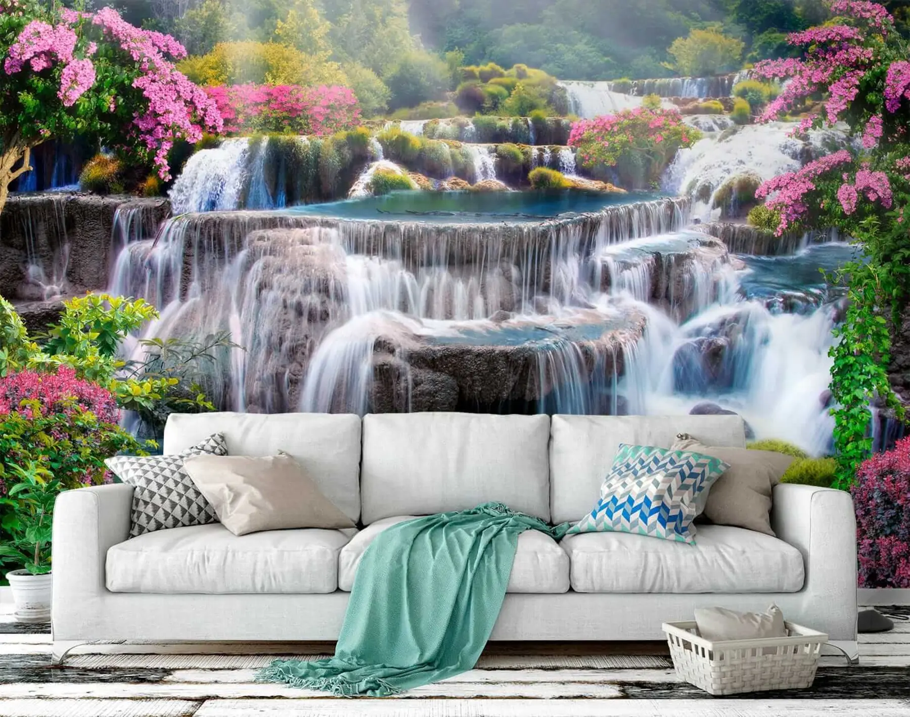 wall murals Waterfall and flowering trees u60065