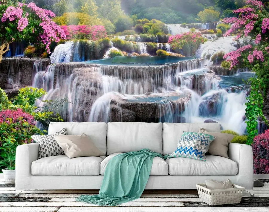 wall murals Waterfall and flowering trees u60065
