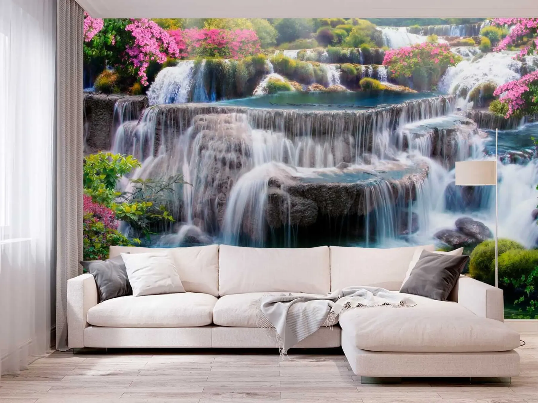 wall murals Waterfall and flowering trees u60065