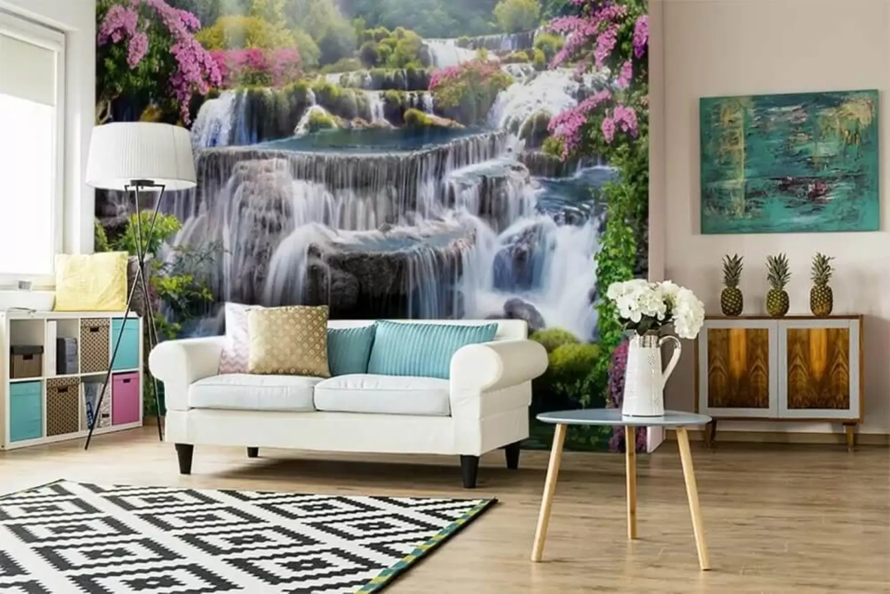 wall murals Waterfall and flowering trees u60065