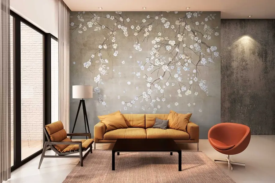 wall murals Flowering tree on a shabby wall u61369