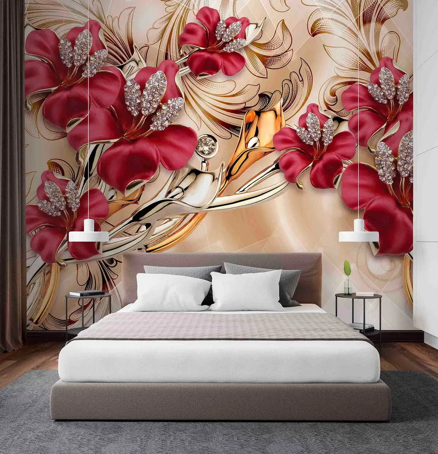 wall murals Red lilies with 3D effect u70604