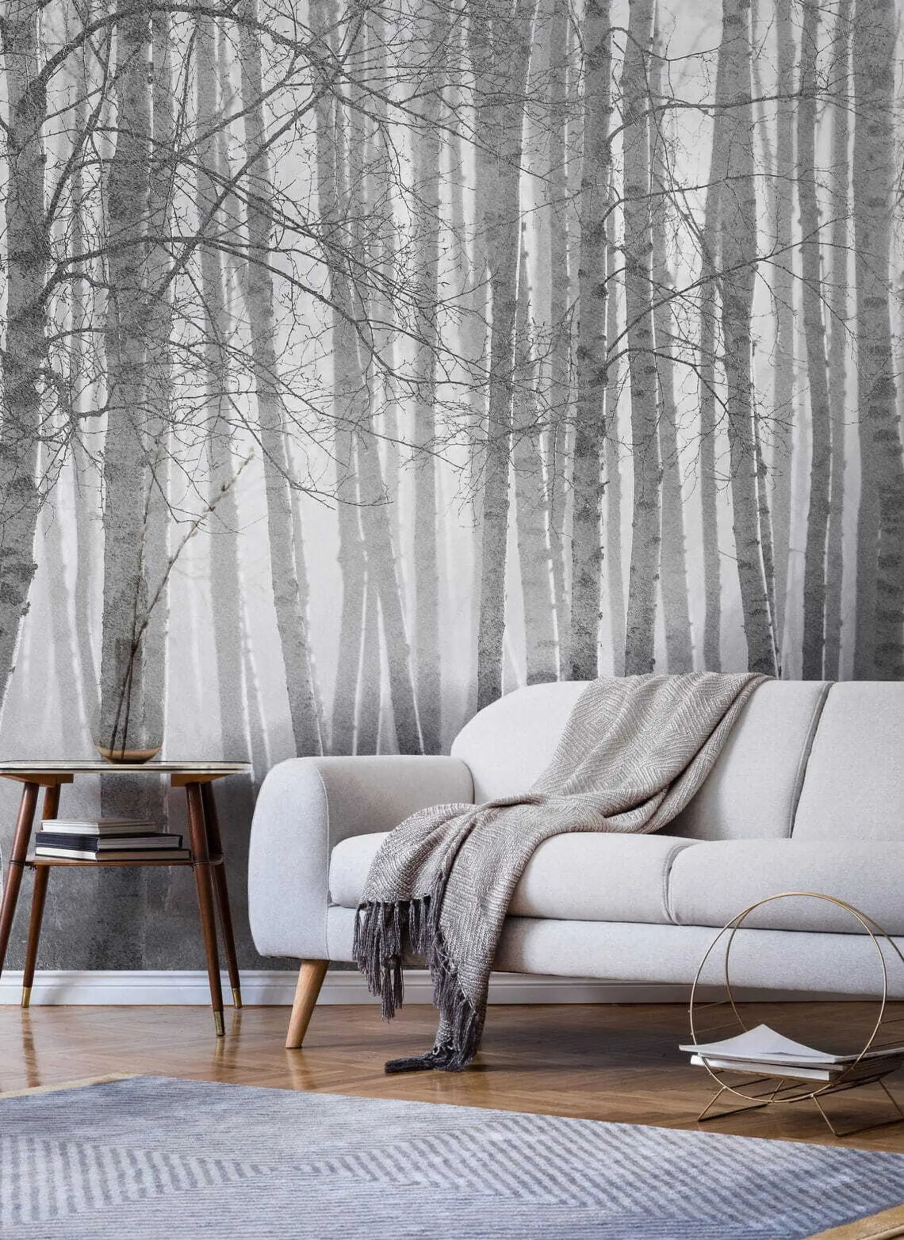 wall murals Morning mist in the birch forest u58971