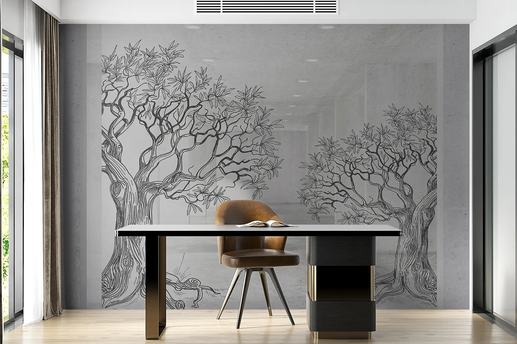 wall murals Painted trees in a concrete room u21430
