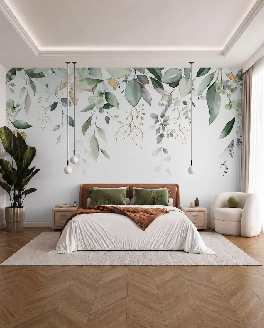 wall murals Hanging eucalyptus leaf on a white background u95506d2