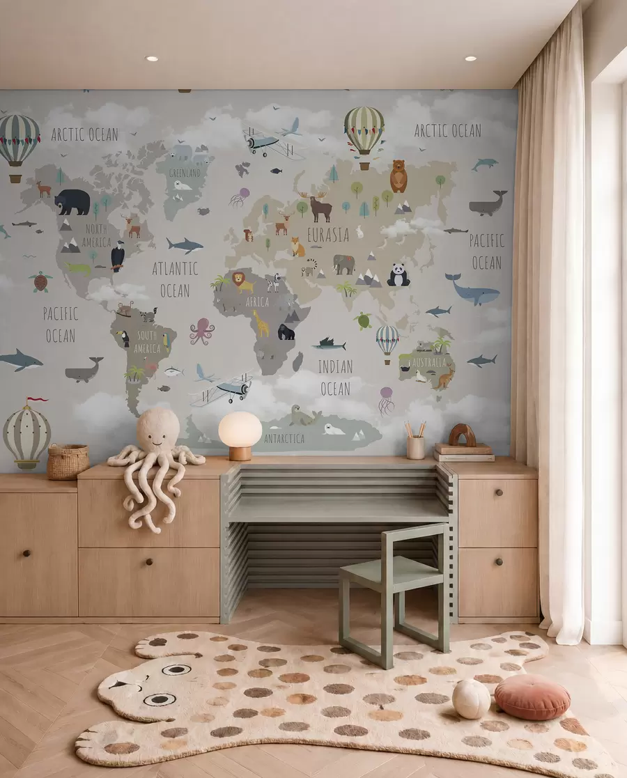 wall murals World map with animals and balloons u96461d1
