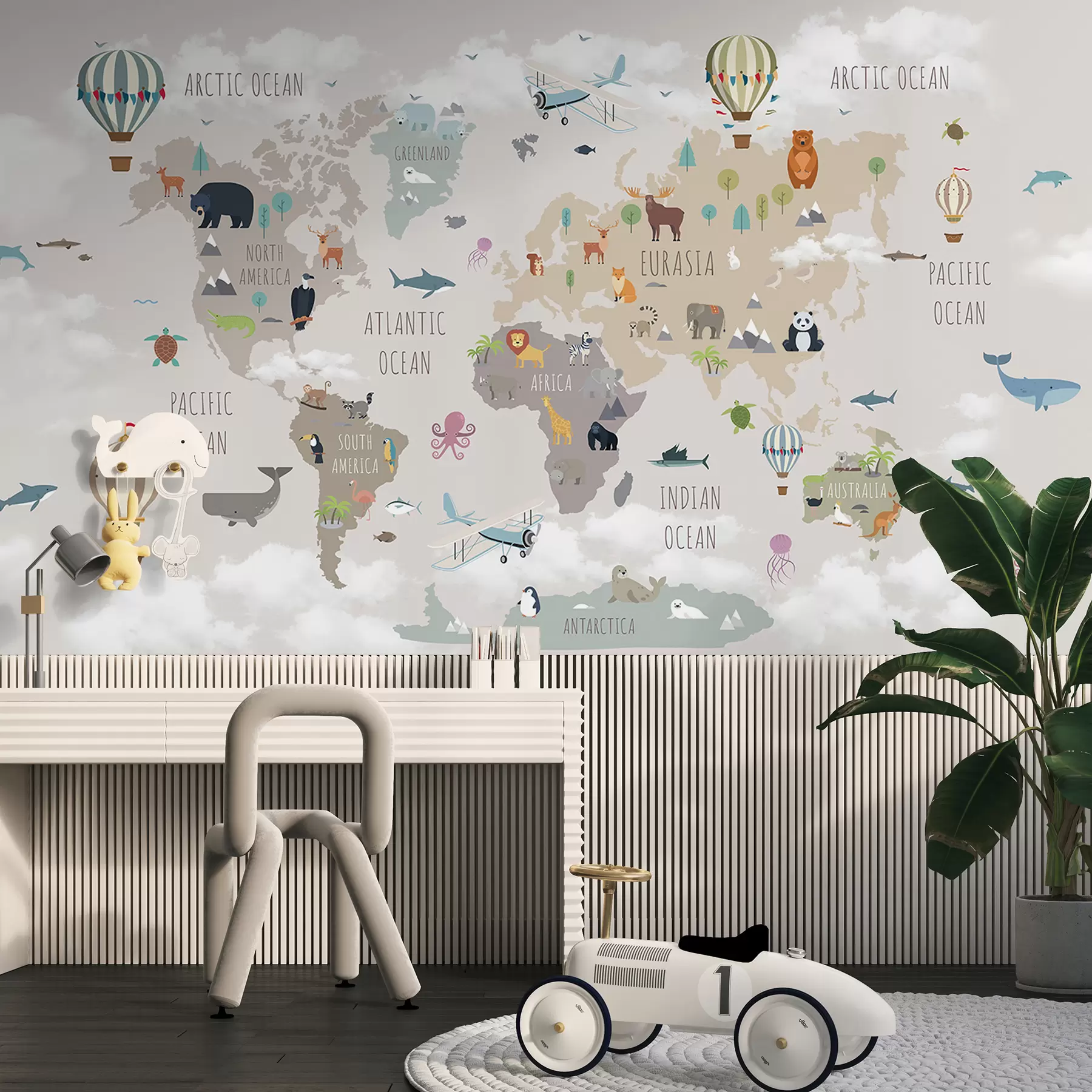 wall murals World map with animals and balloons u96461d2