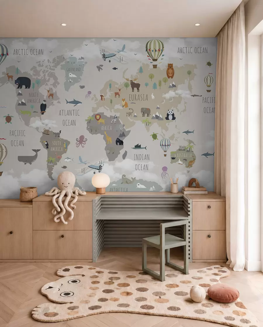 wall murals World map with animals and balloons u96461d2