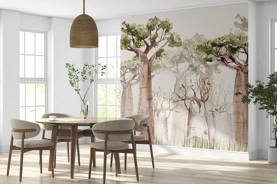 wall murals Baobab tree, safari theme, forest, beige and green colors w00082