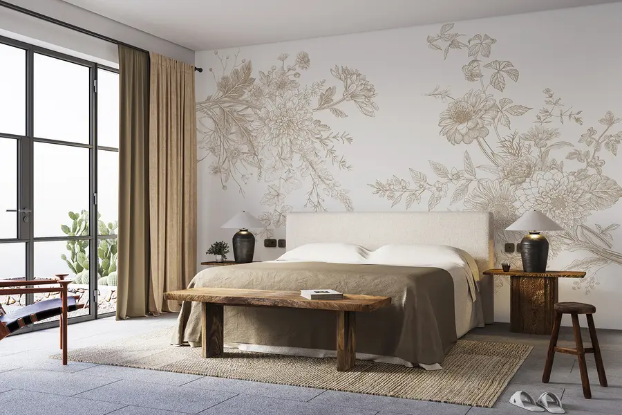 wall murals Floral ornament, minimalism, line art, boho style, rustic, peony, daisy, beige colors, meadow w00381v4